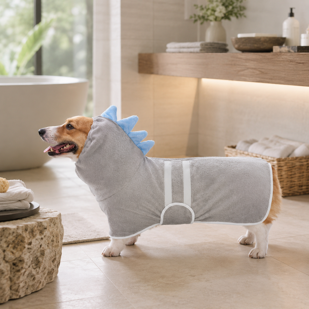 Hooded Dog Drying Robe, Dinosaur Design, XS–4XL